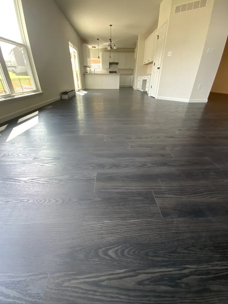 Dark wood flooring running from a hallway into the kitchen