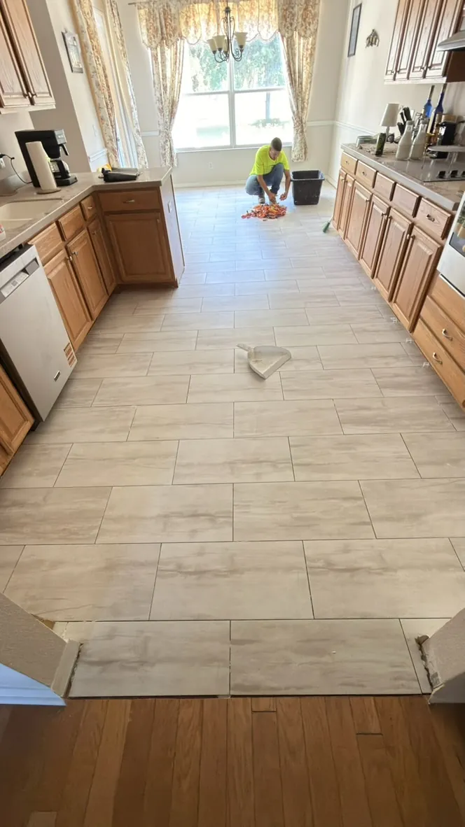 Wood-look tile flooring in a kitchen