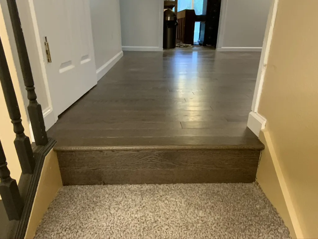 Vinyl plank step meeting existing carpet at a clean edge